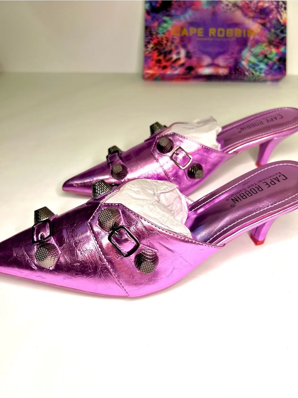 Metallic Embellished Purple Mules w/ Industrial Hardware Studded Metal Accents - Picture 5 of 13